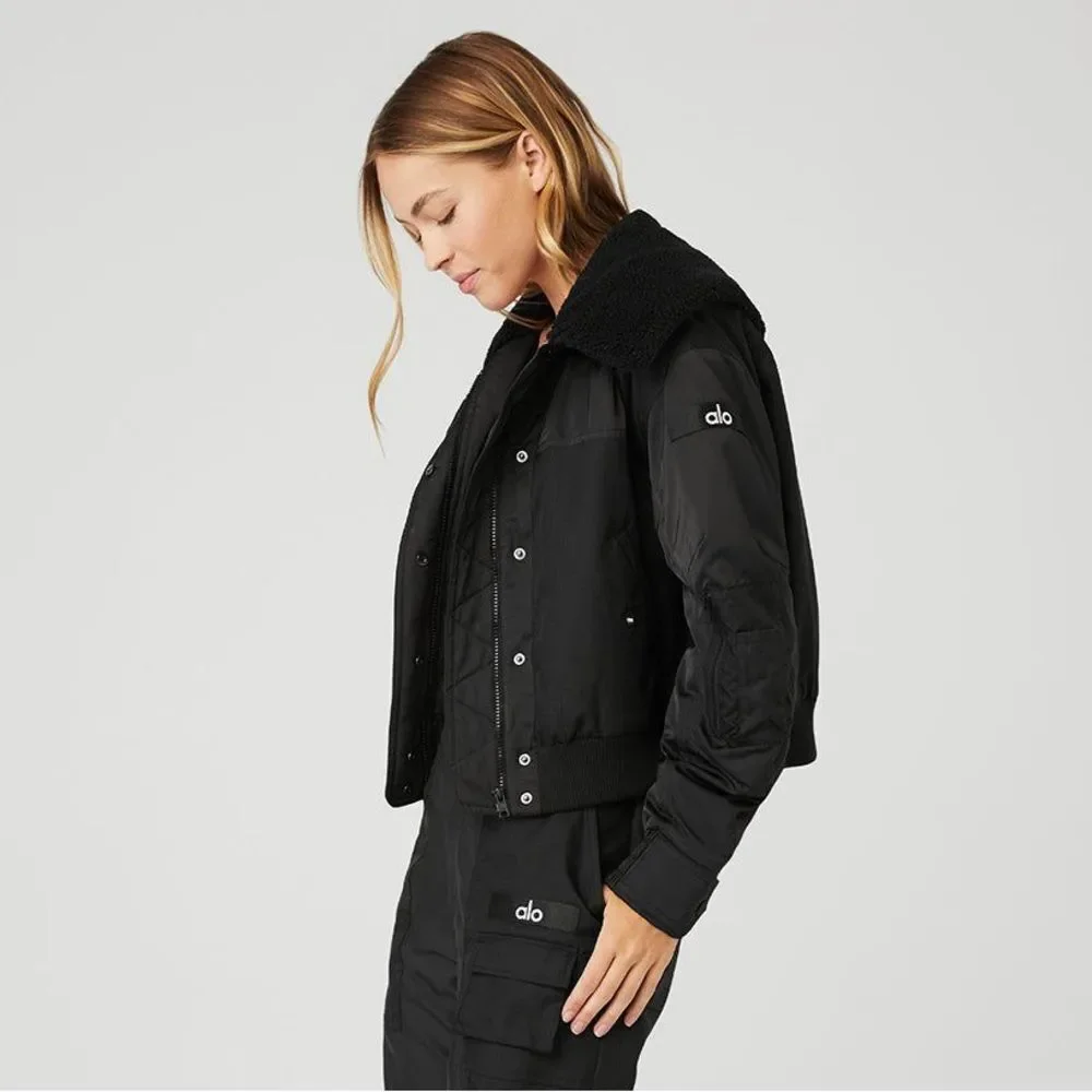 Alo Blaze Bomber Jacket Black Large Ripstop Sherpa Collar